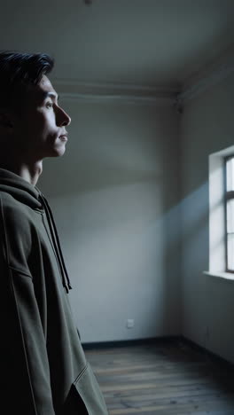 man in profile view in an empty room