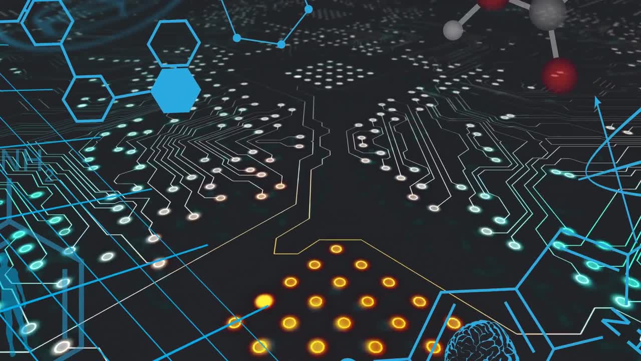 Animation of chemical formula over computer circuit board on black background