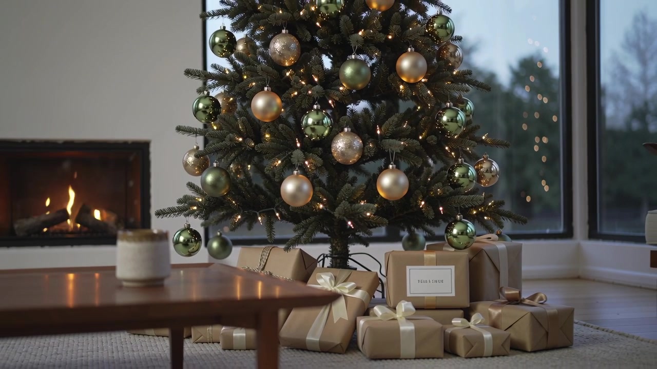 Inicio de toma, cámara acercándose a un árbol de hoja perenne decorado en casa, mostrando regalos en papel kraft y chimenea encendida