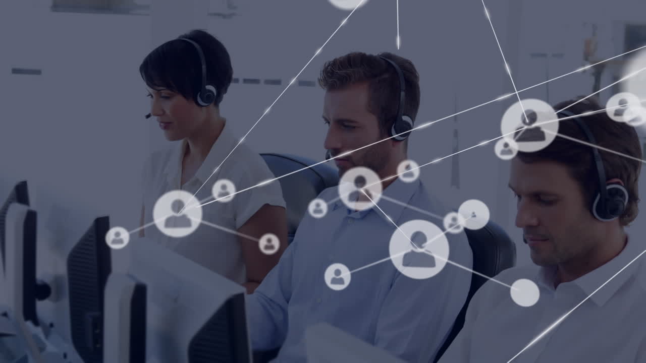 animación de la red de conexión con iconos sobre personas de negocios que usan auriculares de teléfono
