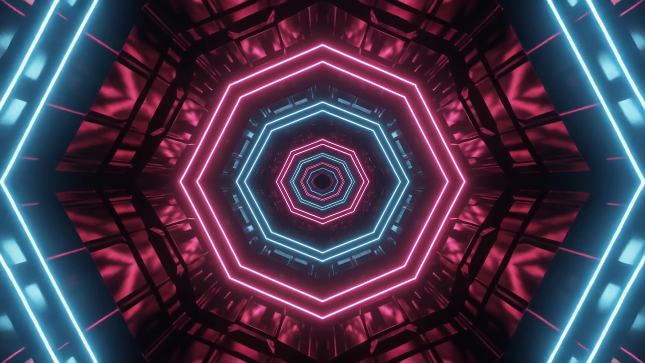 Futuristic Neon Tunnel with Glowing Octagonal Frames