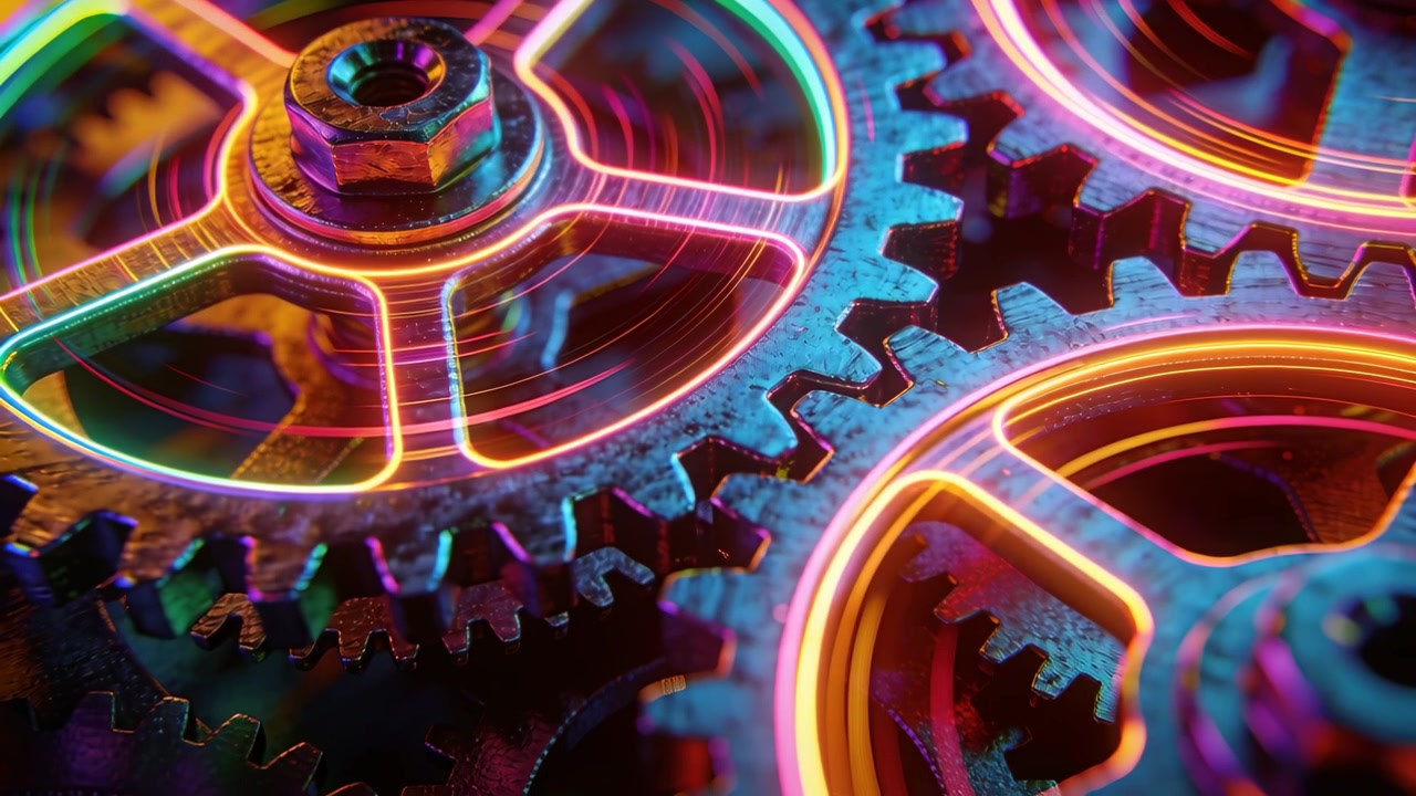 Rotating metallic gear cluster with hex nut meshing and reflecting neon rim light in macro studio