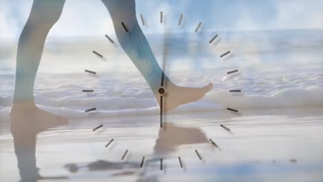 composite video of ticking clock against low section of a person walking at the beach