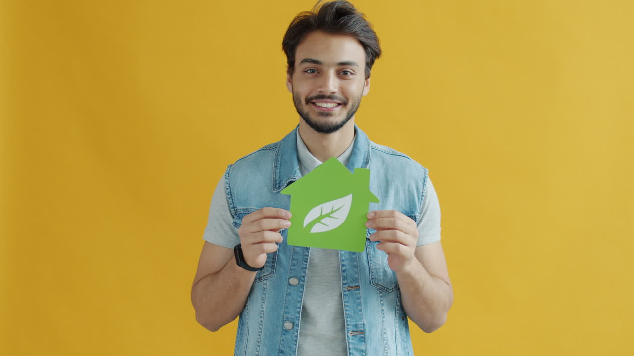 Man holding a green house-shaped sign