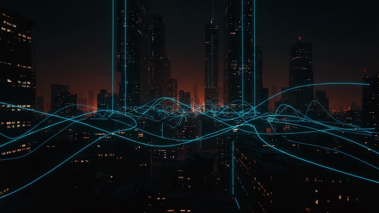 A Futuristic Urban Skyline Illuminated by Vibrant Blue Light Waves, Capturing the Energy and Pulse of a Modern Metropolis at Dusk, with Twinkling City Lights Below