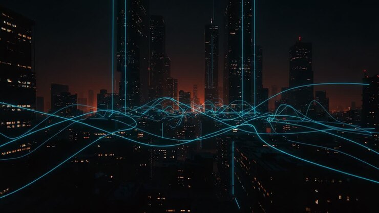 A Futuristic Urban Skyline Illuminated by Vibrant Blue Light Waves, Capturing the Energy and Pulse of a Modern Metropolis at Dusk, with Twinkling City Lights Below