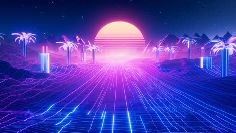 synthwave retrowave landscape with neon palm trees and grid horizon