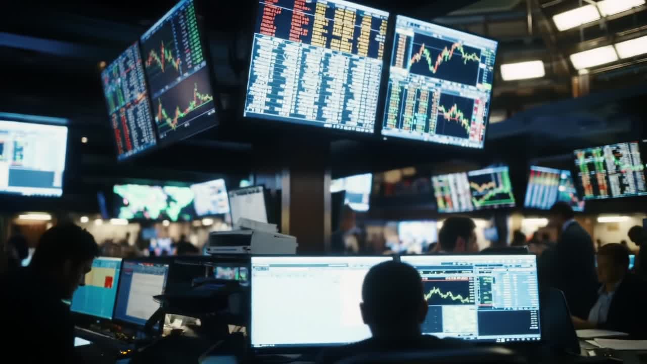 A Dynamic Trading Floor Scene Showcasing Market Analysis with Multiple Screens Displaying Real-Time Financial Data and Active Traders Engaging in Transactions