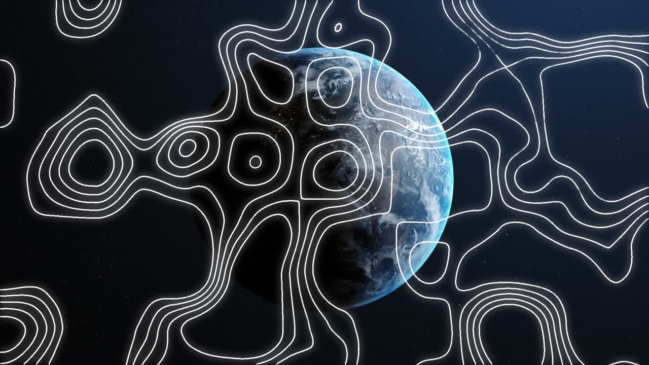 Animation of shapes moving over globe on black background