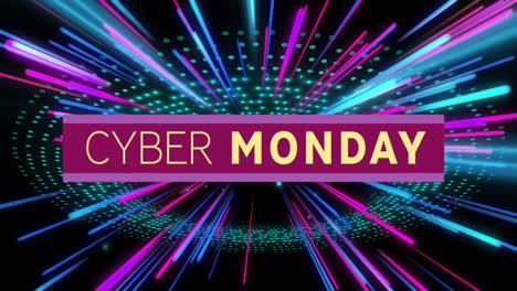 cyber monday text animation over colorful neon light rays on black background