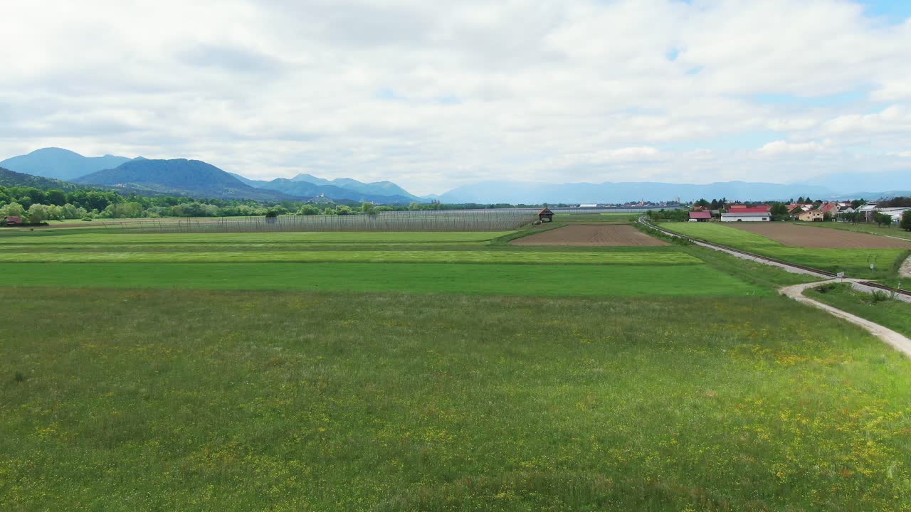 Agricultural farmland, mountain in background, Celje, Slovenia. Low angle view