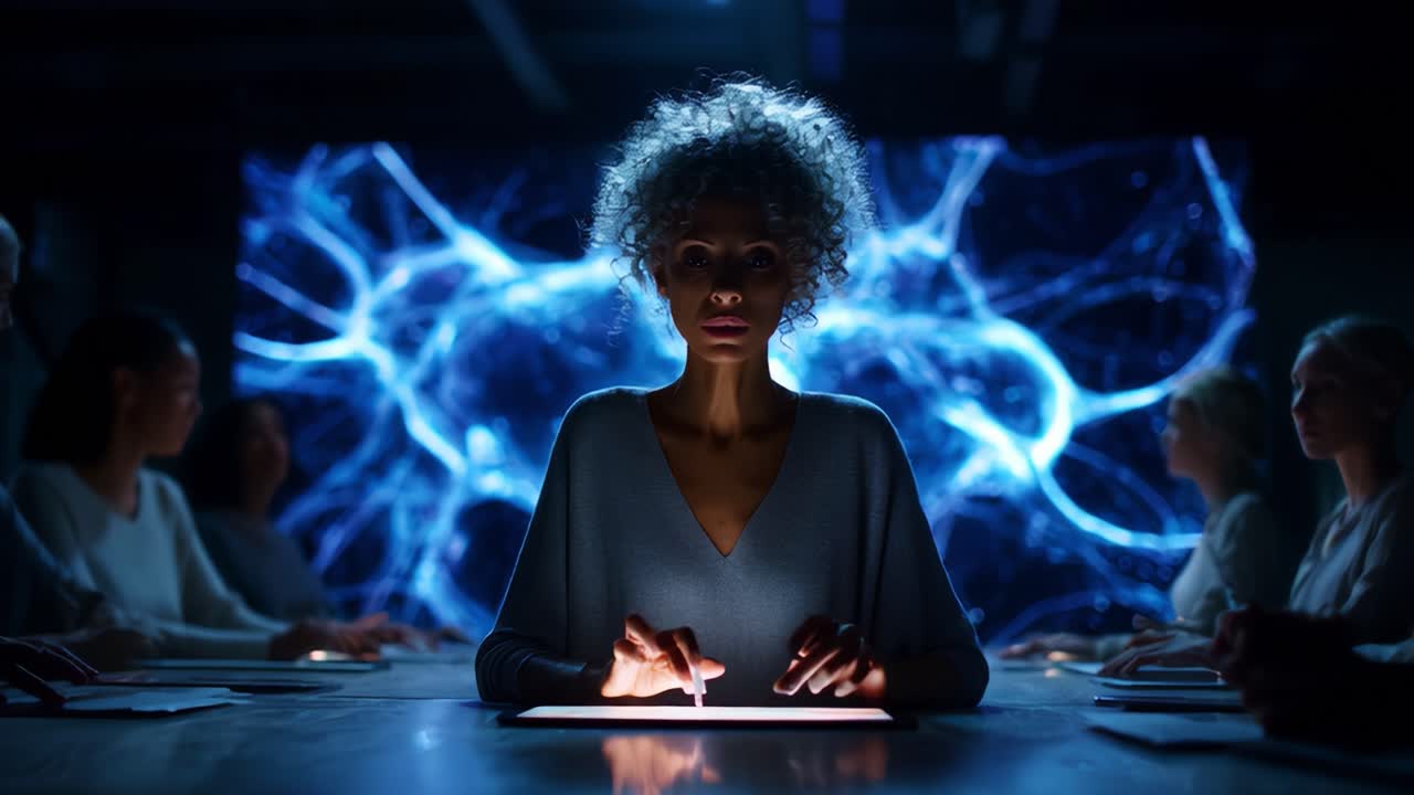 A focused woman interacts with a touchscreen device in a dimly lit room, surrounded by blurred figures, while a vibrant, abstract neural network pattern illuminates the background