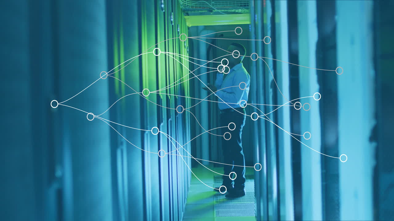Network of connections and data processing animation over person in server room