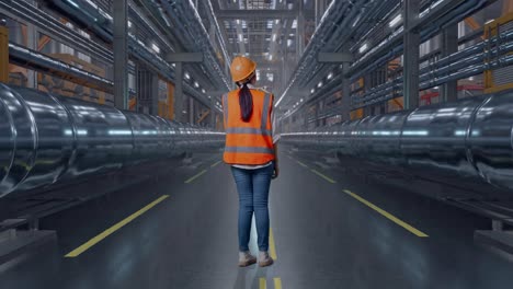 full body back view of asian female engineer with safety helmet talking on smartphone while standing with metal pipes