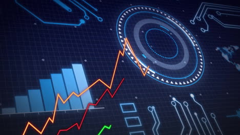 financial data and stock market trends animation over digital interface background