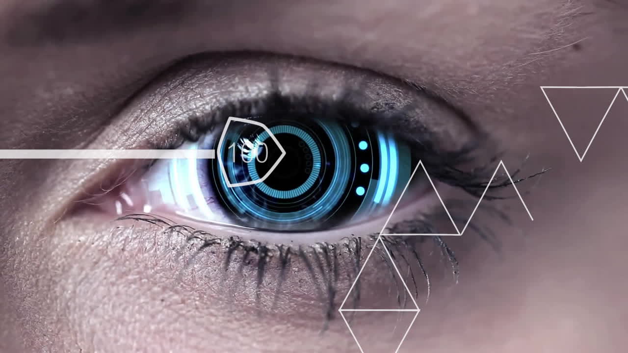 Displaying geometric shapes and data, futuristic animation overlay on human eye
