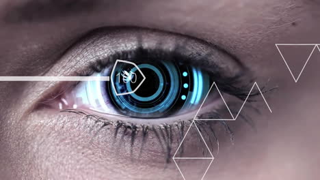 displaying geometric shapes and data, futuristic animation overlay on human eye