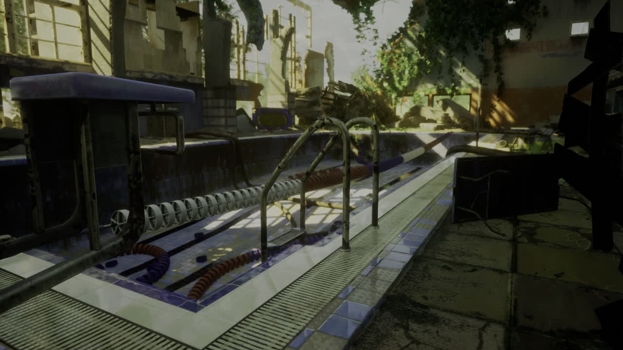 Abandoned industrial site with overgrown vegetation during golden hour