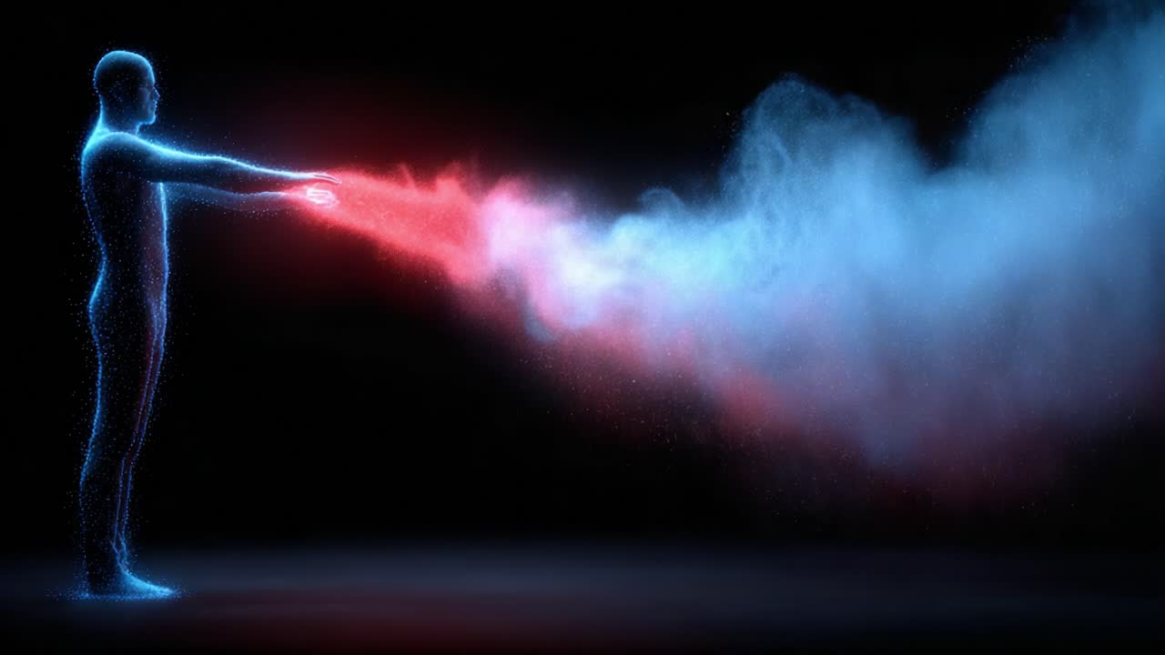 A Stunning Display of Light and Energy: Ethereal Human Figure Emitting Vivid Red and Blue Particles in a Captivating Digital Art Scene