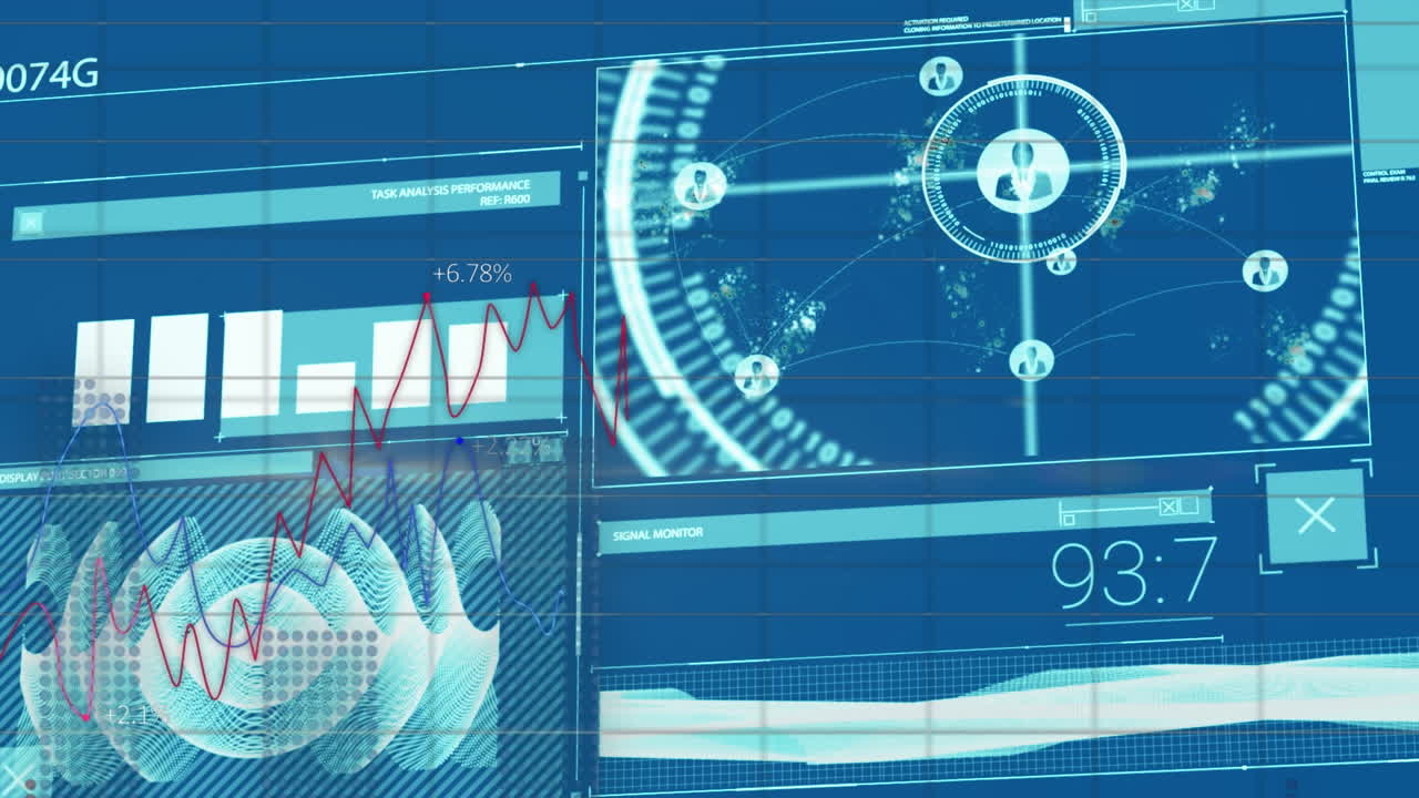 Animation of financial data processing and lines on blue background