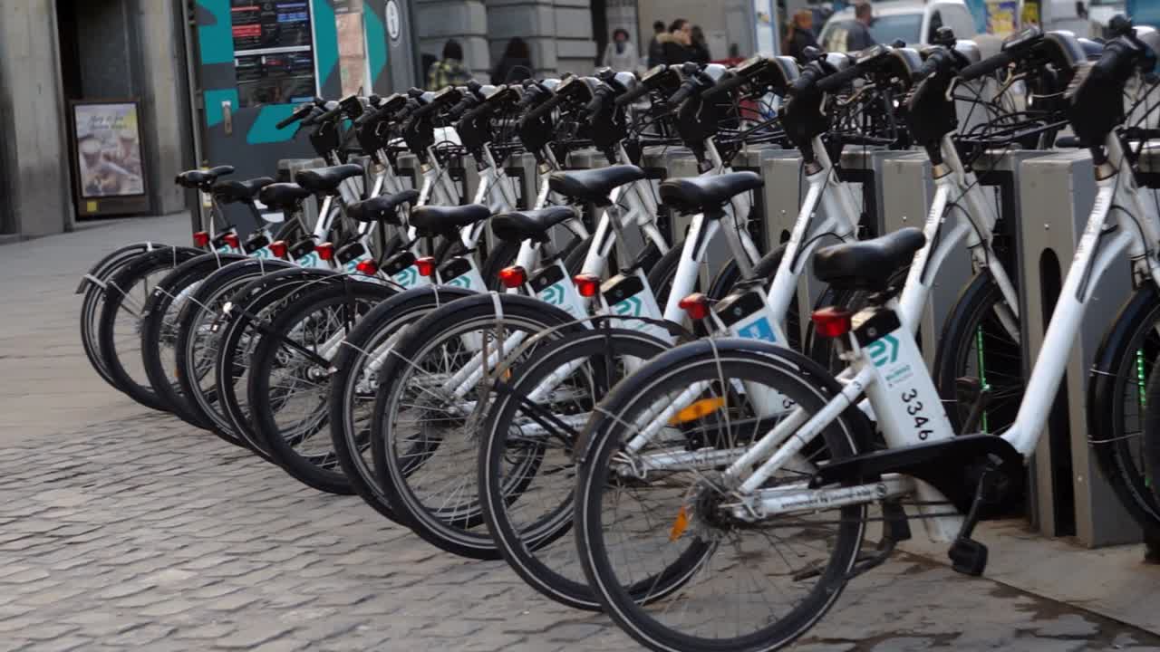 Bikes form BICIMAD  Madrid electric bike hiring scheme, docked in Madrid City centre