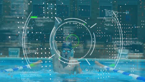 Digital-interface-with-data-processing-against-male-swimmer-swimming-in-the-pool