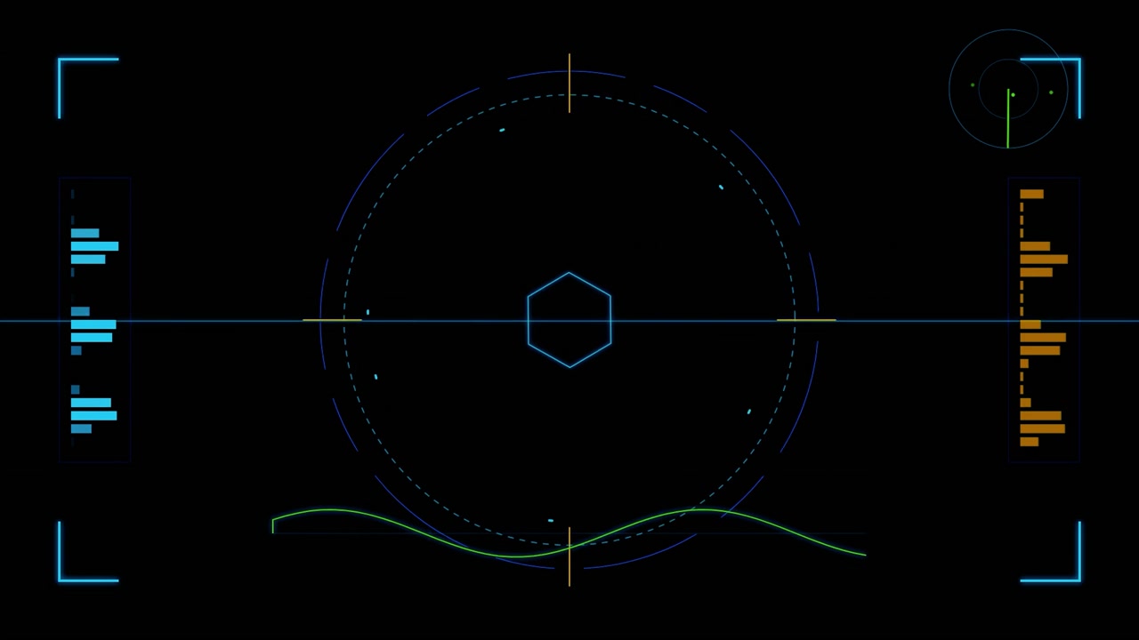 Futuristic Digital HUD Interface with Rotating Radar and Data Graphs