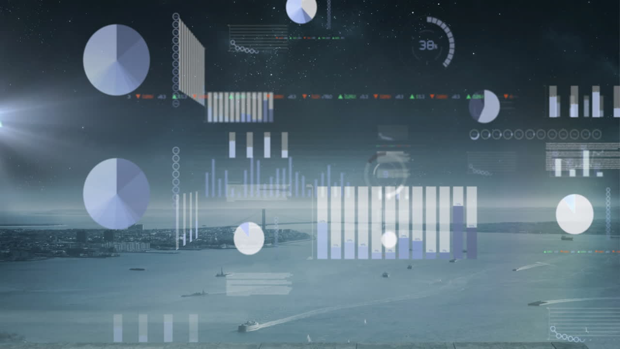 Data analytics and charts animation over aerial view of coastal city