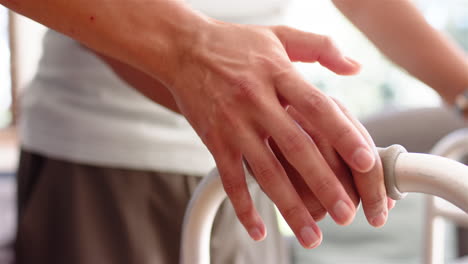 assisting senior female during physiotherapy session, man holding walker