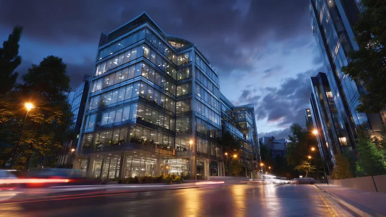 Prédio de escritórios moderno e iluminado cercado por paisagem urbana à noite, exibindo arquitetura e vida noturna da cidade com reflexos vívidos na rua molhada
