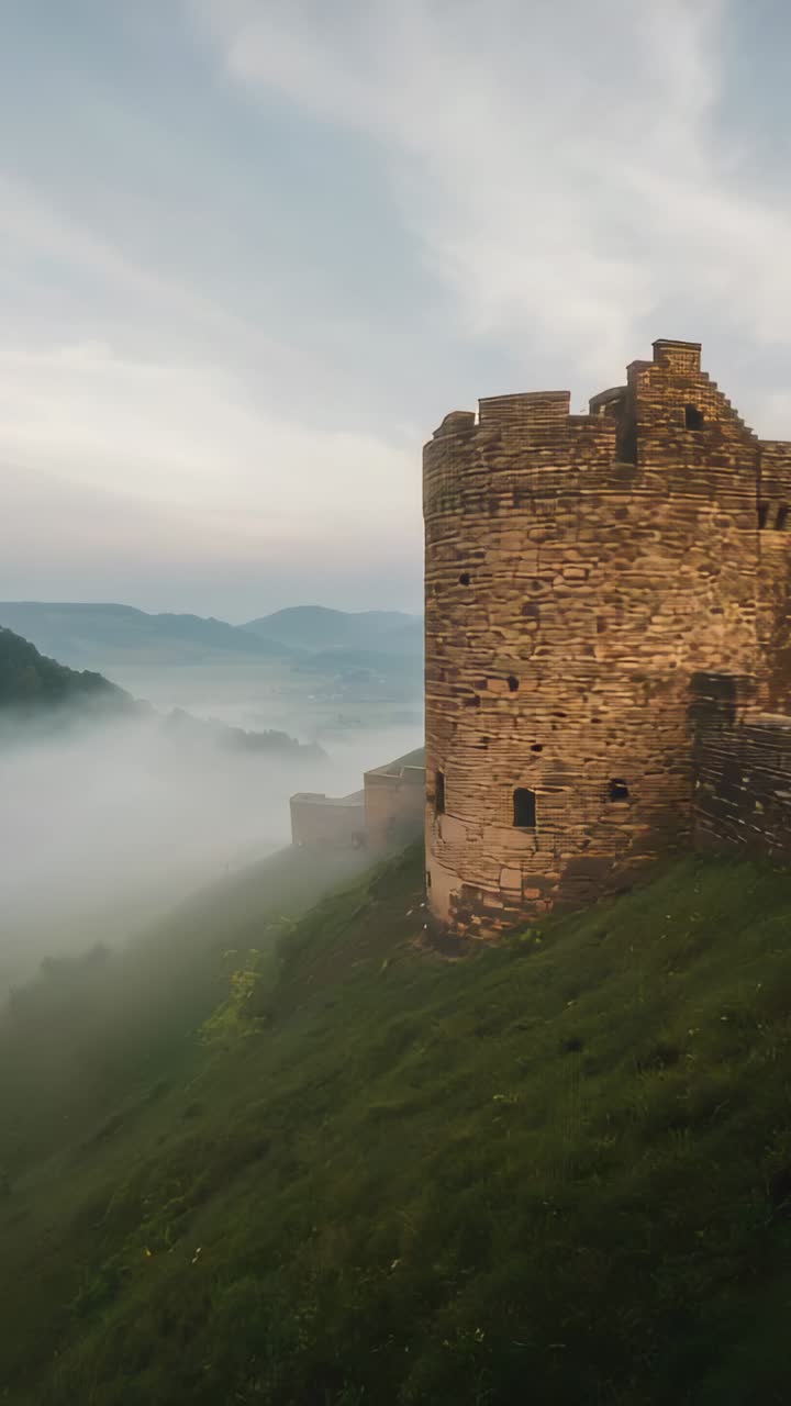 Vertical video: Pulling back drone showing round stone tower, parapet and mist on slope, copy space