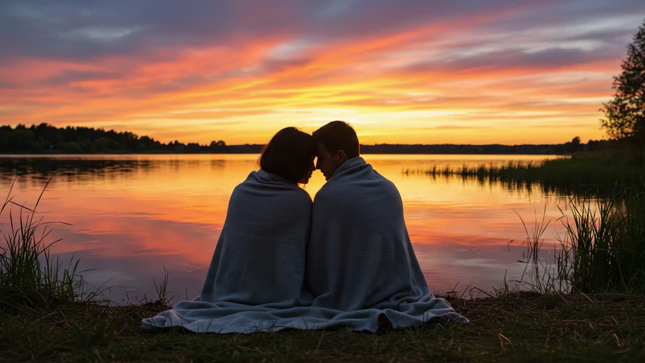 A Romantic Evening by the Lake: A Serene Couple Embracing the Beauty of Sunset While Wrapped in a Blanket, Capturing Their Affection and Connection Against a Vibrant Sky