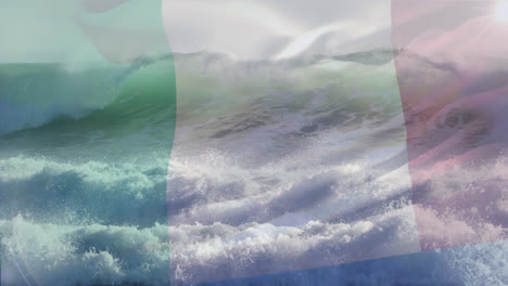 Animation-Der-Flagge-Italiens,-Die-über-Eine-Welle-Im-Meer-Weht