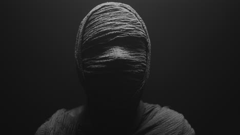a mummy of a woman on a dark backdrop rises  and then turns her head
