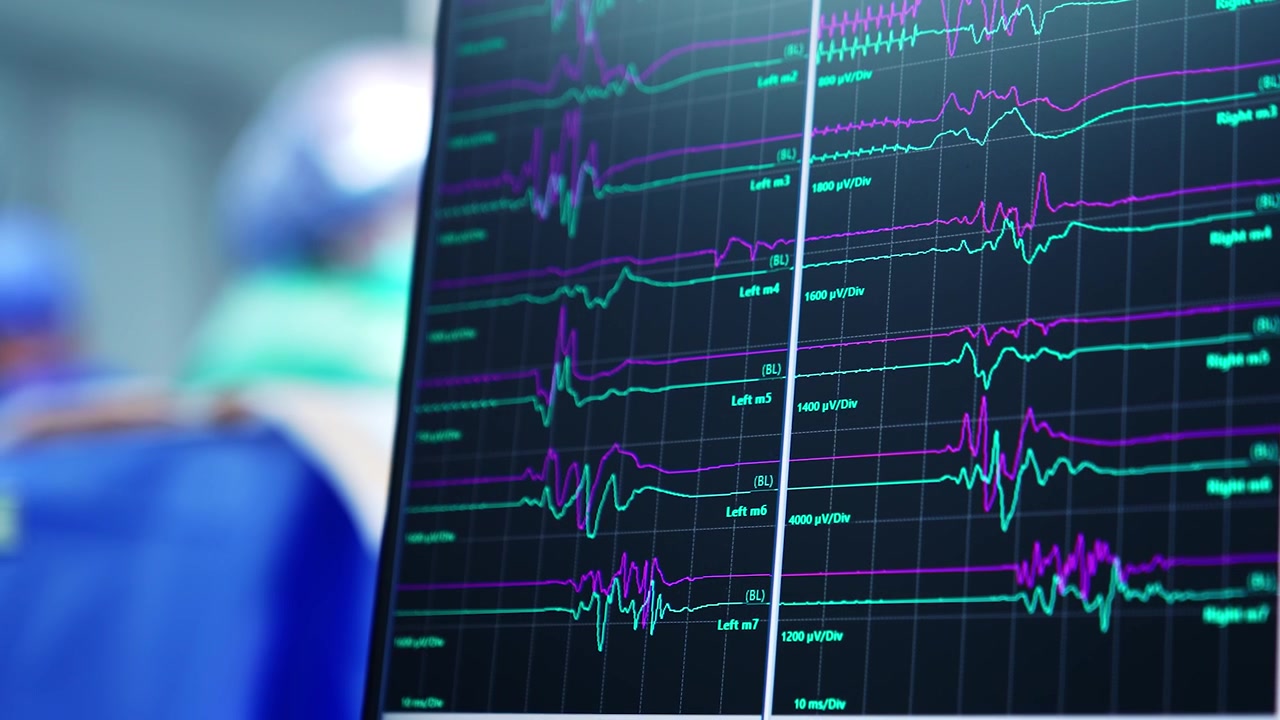 Linee curve verdi e viola sullo schermo del computer. Attività cerebrale durante un intervento chirurgico. Primo piano. Medico al lavoro sullo sfondo, sfocato