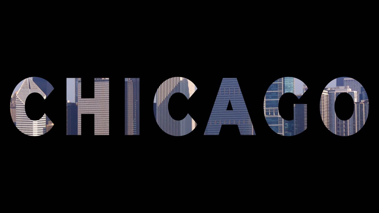 Shot Of City Buildings And Skyline In America Illinois Overlaid With Graphic Spelling Out Chicago
