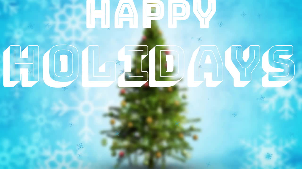 크리스마스 트리와 눈이 떨어지는 크리스마스 트리 위에 행복한 휴일 텍스트의 애니메이션
