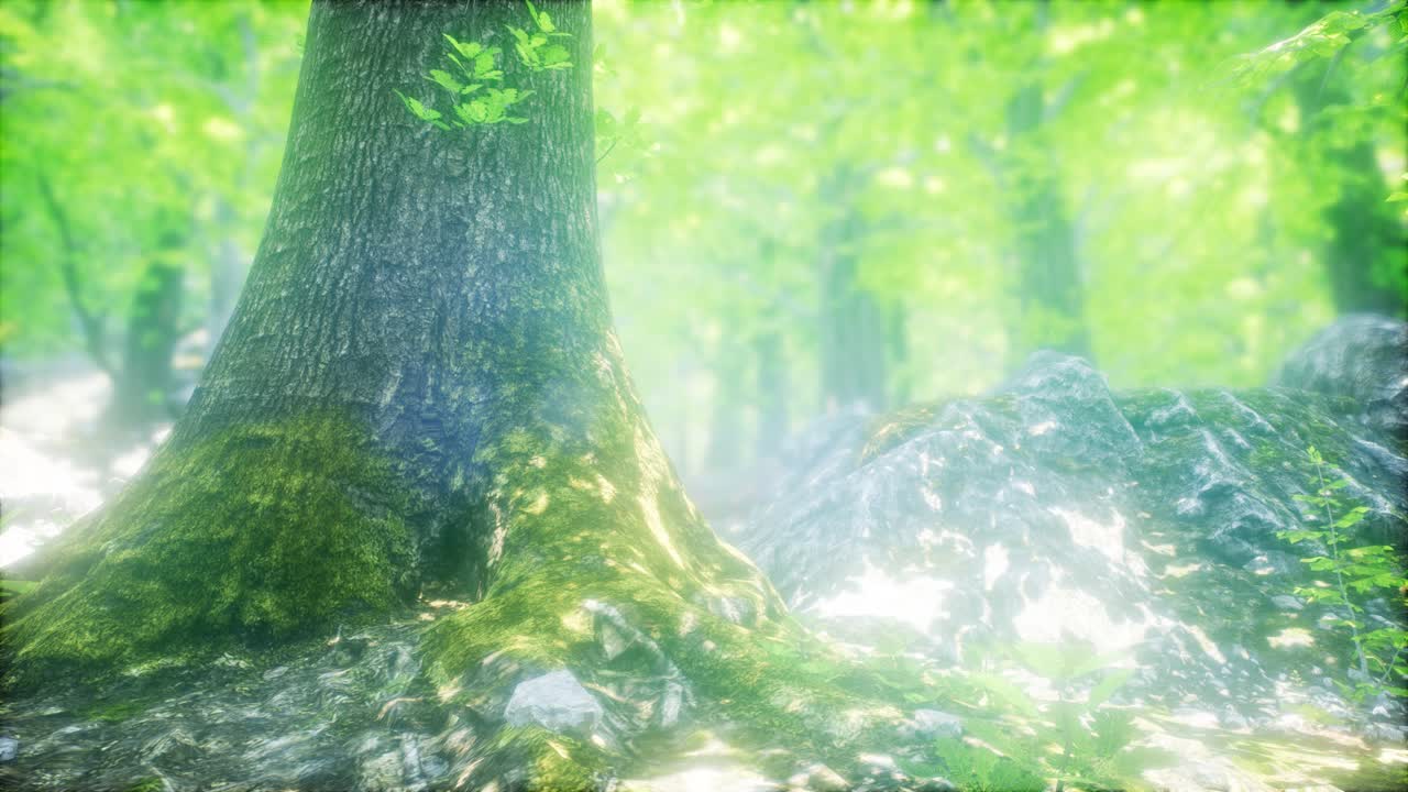 자연스러운 나무 숲을 가로질러 빛나는 빛