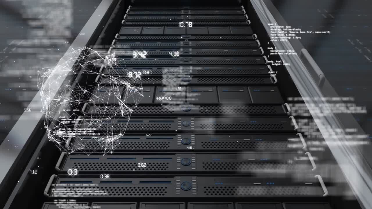 Animation of data processing and globe over server room