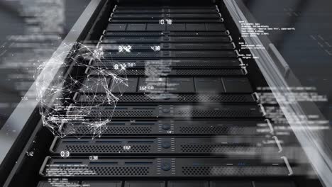 animation of data processing and globe over server room
