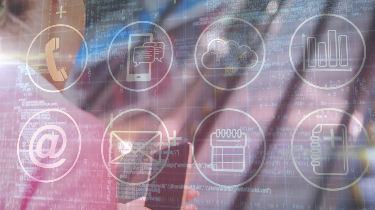 In school, animation of digital communication icons overlaying coding and data elements