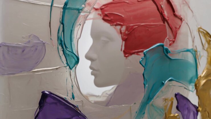 Kamera fährt zurück und enthüllt ein helles Mannequin-Profil in einer Galerie, das eine pastose Öffnung zeigt.