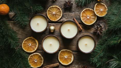 christmas scented candles with orange and pine decorations