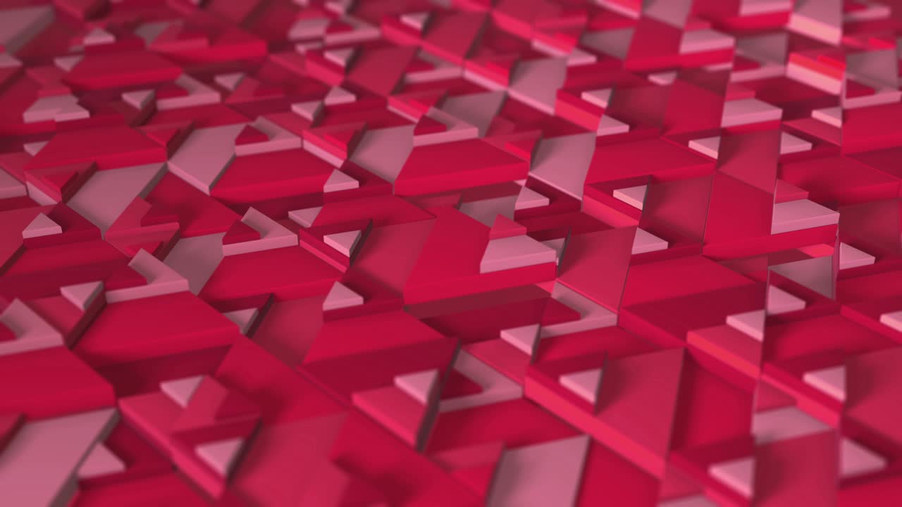 Crimson Red of minimalism. Selective focus. Blurriness 3d rendering of looped animation with the movement of geometric triangles. Endless background for presentation. Business animation