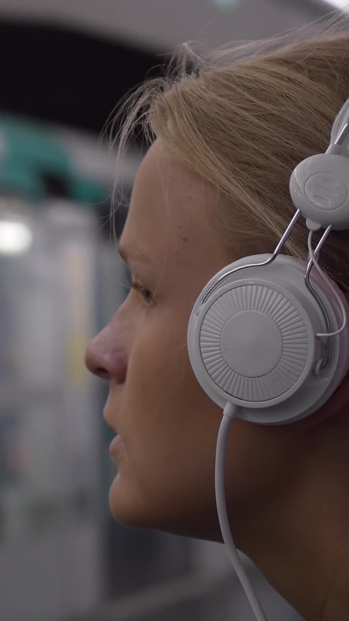 Primo piano di profilo di giovane donna che ascolta musica con le cuffie