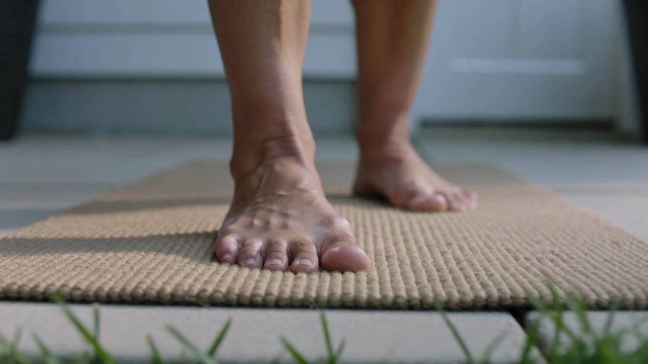 Stepping adult bare foot landing on deck mat, toes splaying and rolling heel before entering house