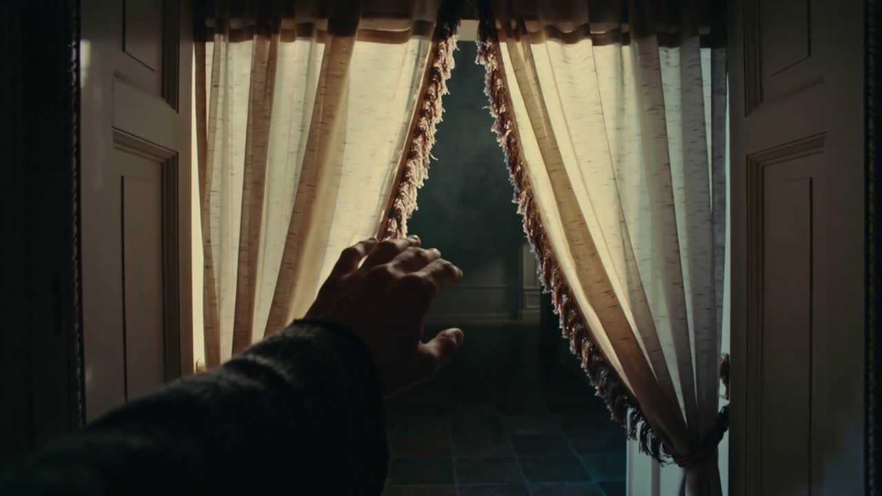 Raggiungendo dopo uno spazio, un braccio con manica scura che si muove verso una porta di legno, scostando tende con nappe per rivelare un'ombra.