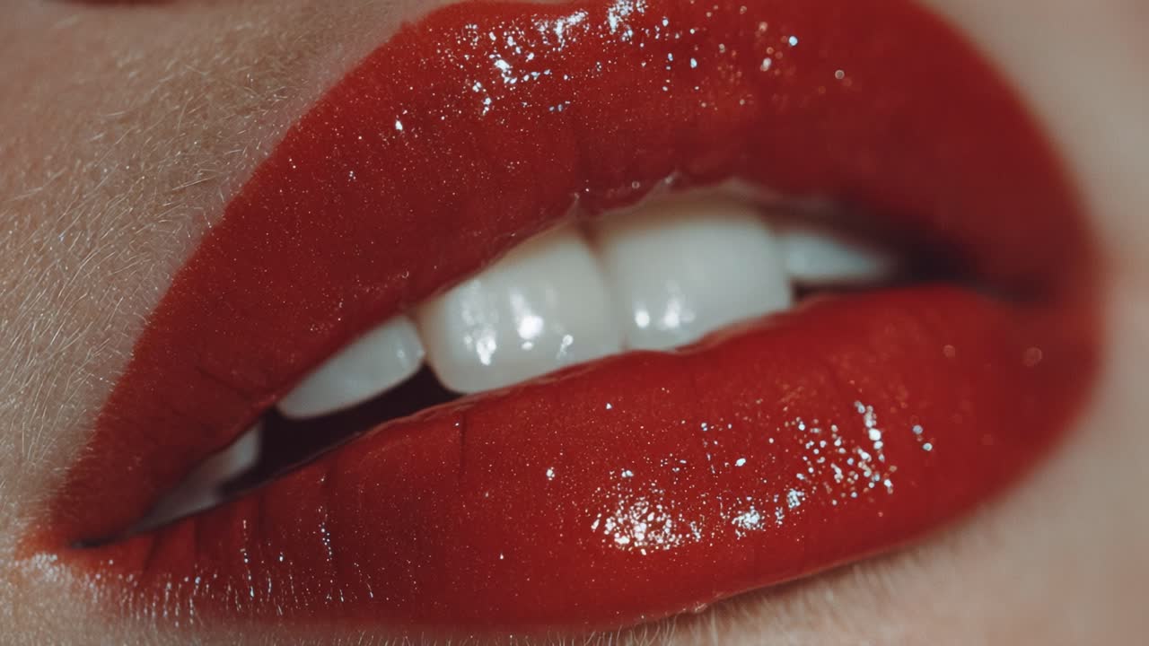 Stunning Close-Up of Glossy Red Lips Showcasing a Perfect Smile and Captivating Shine, Highlighting the Allure of Beauty and Makeup Trends