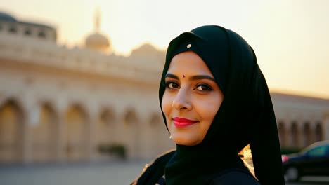 woman in hijab smiling at the camera in front of a mosque