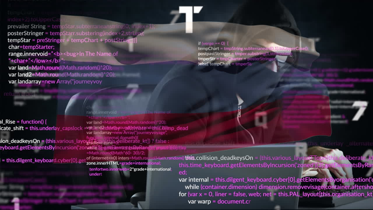 animación de un hacker caucásico sobre el procesamiento de datos y la bandera de rusia